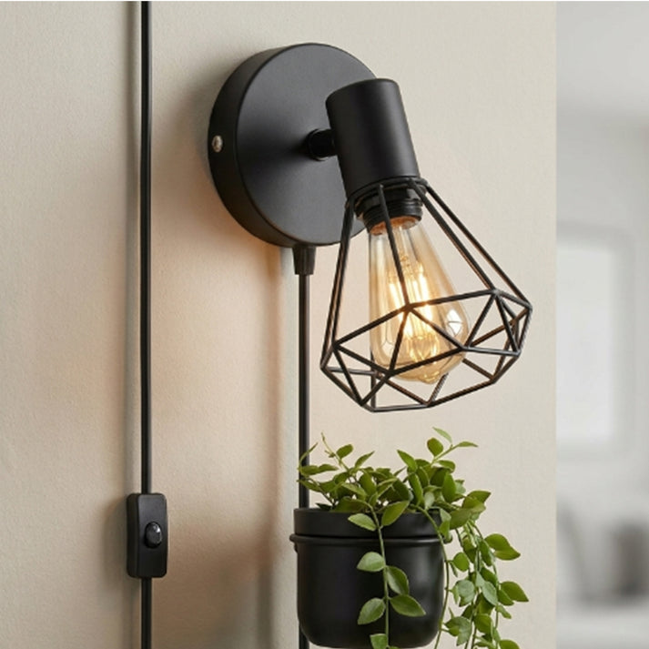 Industrial Plug In Wall Light with E27 Cage & Switch
