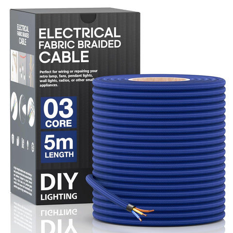 1M/5M/10M 3 Core Round Vintage Italian Braided Fabric Cable Flex 0.75mm Dark Blue UK~3069