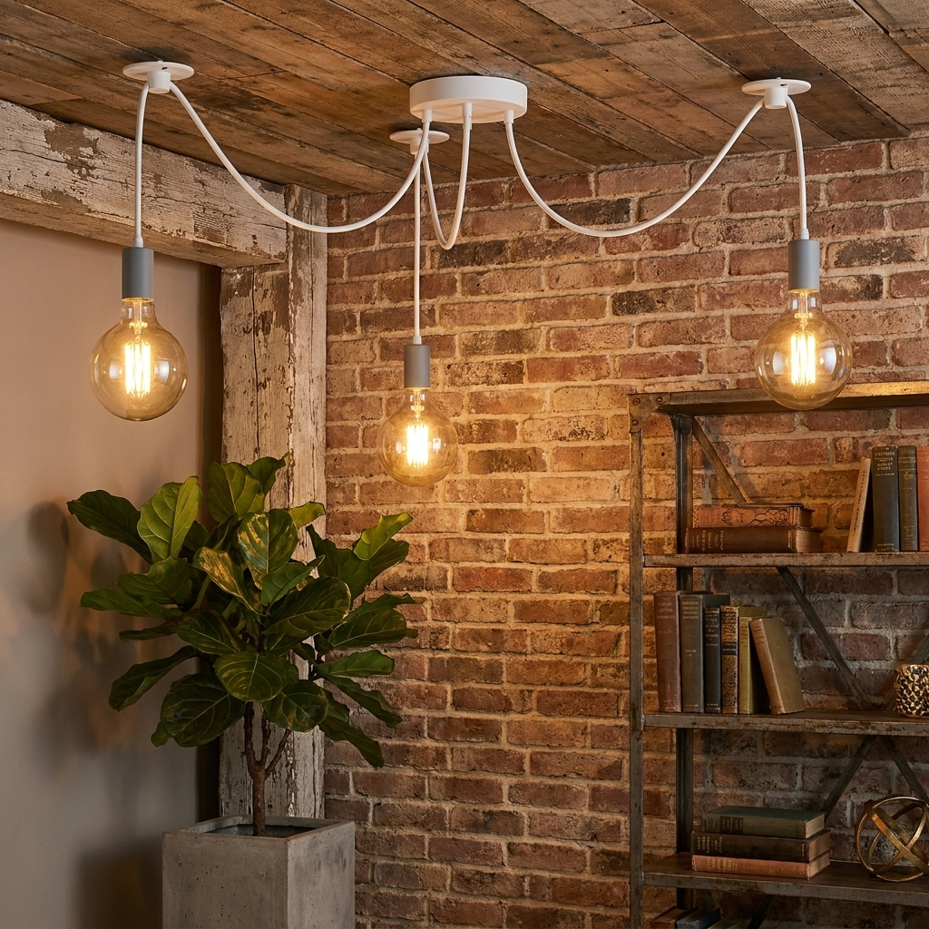 Three pendant lights hanging from a wooden ceiling with a brick wall and bookshelf in the background.