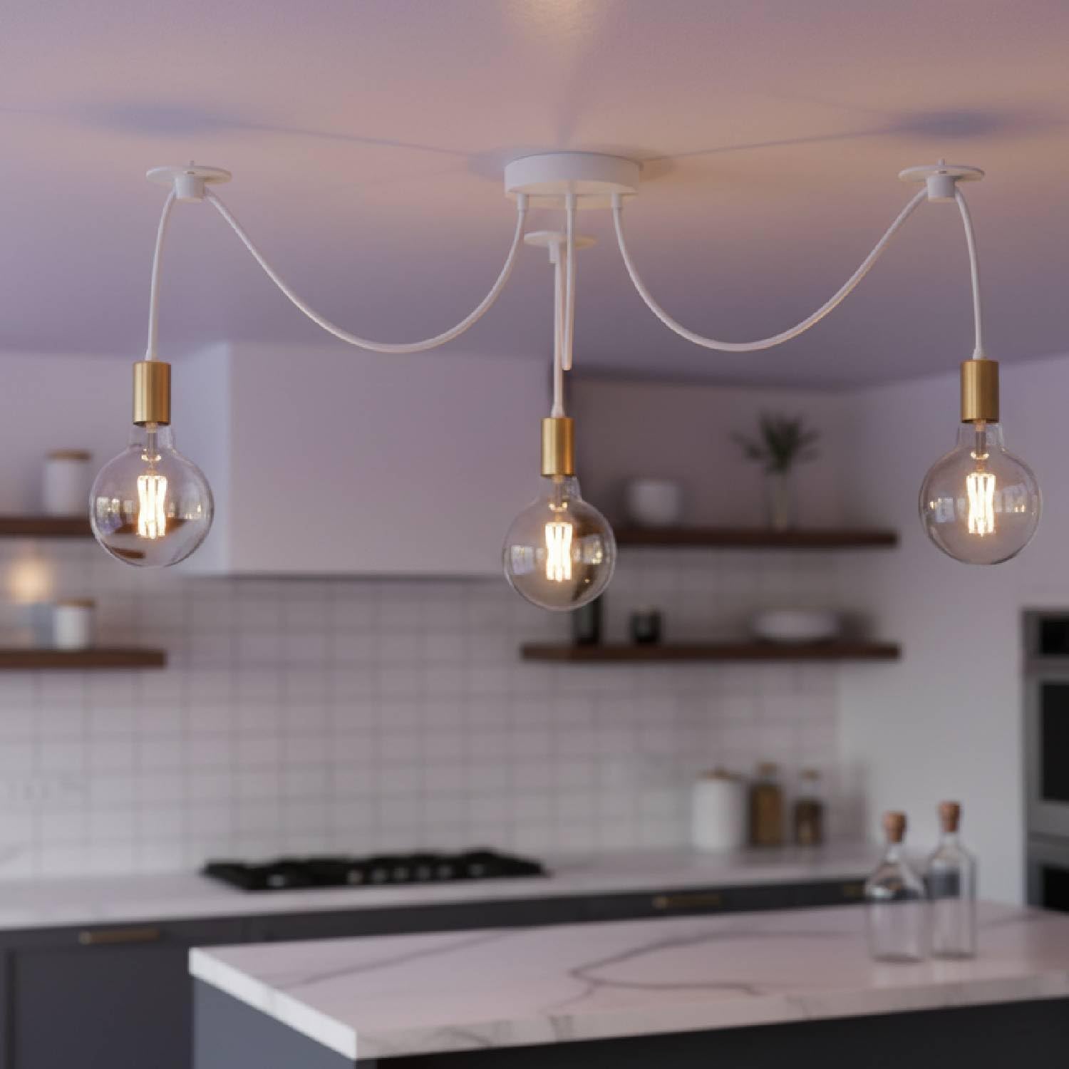 Modern kitchen with pendant lights hanging from the ceiling