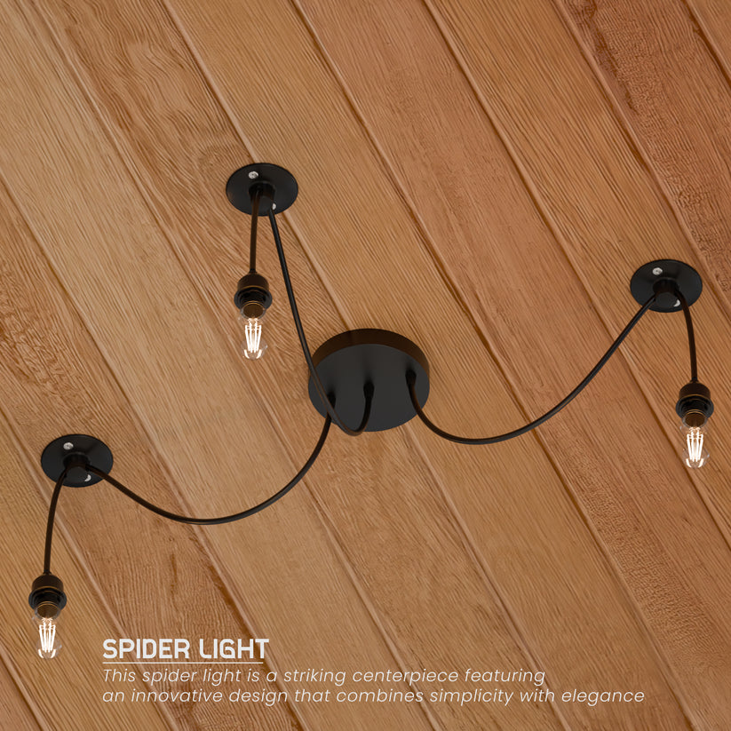 Black spider pendant light with rubber cables and metal lamp holders