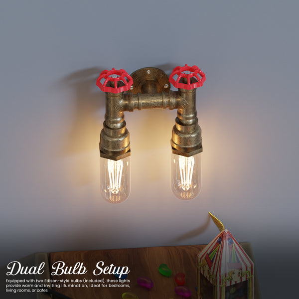E27 Rustieke Twin Steampunk Metalen IJzeren Waterpijp Wandlamp ~5686 – Geborsteld koper / Yes
