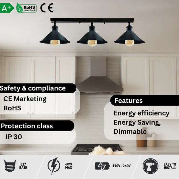 Ceiling light fixture with safety and compliance information in a kitchen setting
