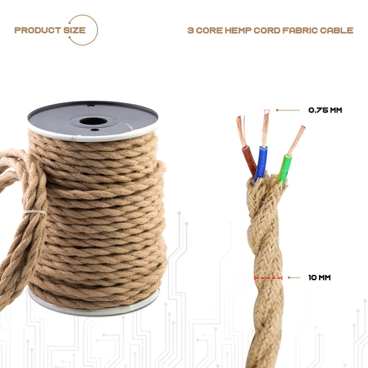 10m 3 Core Twisted Electric Cable Covered Hemp Color Fabric 0.75mm~4832
