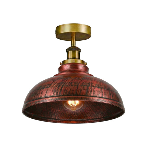 Industrial Semi-Flush Ceiling Light – Vintage Metal Dome Shade E27 ~6611 – Rustic Red