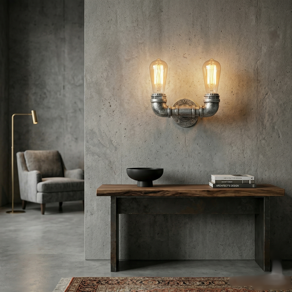 Industrial Steampunk Water Pipe Wall Light –  E27  Vintage Retro Loft Sconce~2133 – Brushed Silver / Yes