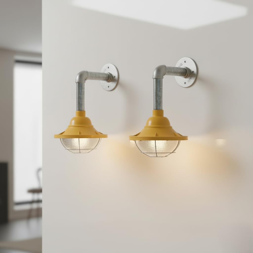 yellow conduit wall light 2-pack, E27 bulb included metal sconce, yellow industrial wall lamp pair, galvanised pipe light 10.5cm, vintage loft wall fixture
