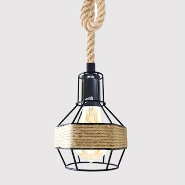 Industrial Hemp Rope Pendant Light - Black Cage  E27 Ceiling Chandelier | Adjustable Height ~6203 – Single