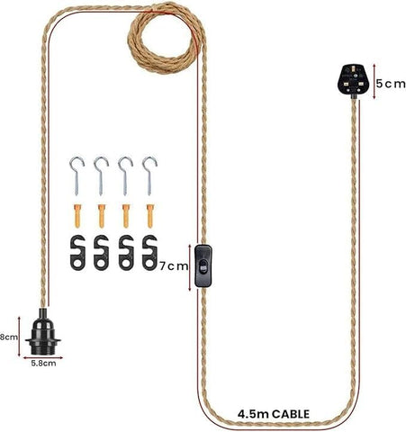 LEDSone Plug-In Hanging Pendant Light with Inline Switch in Black & Hemp~4554