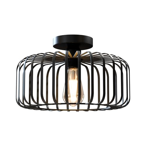Modern Industrial Black Cage Semi Flush Mount Ceiling Light Geometric E27~6454 – With Bulb
