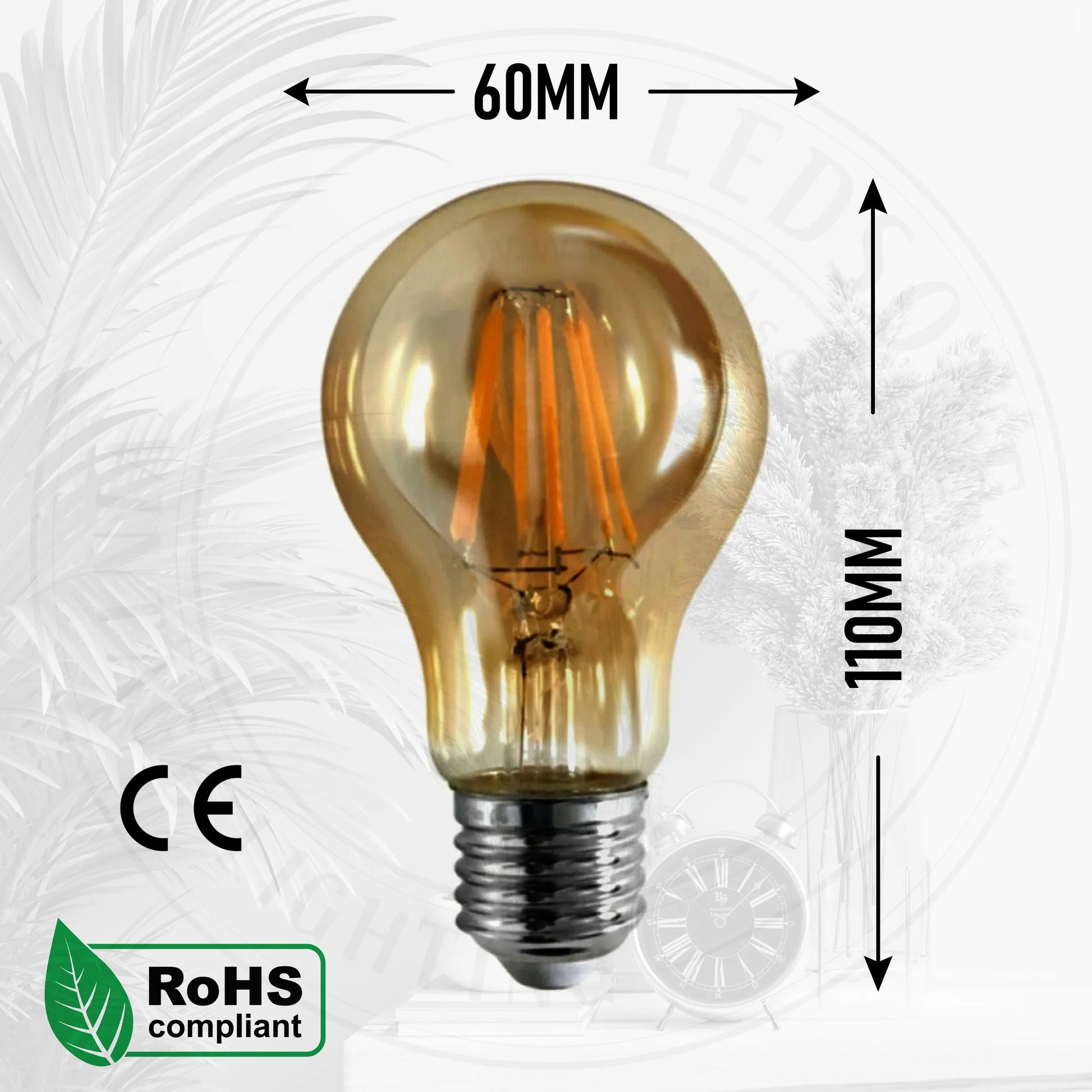 A60 E27 8W Edison LED filament Bulb Amber bulb Warm white screw bulbs 2700K ~4419
