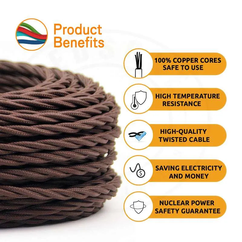 10m 2 core Twisted Braided Cable, Electrical Fabric Flexible Lamp Flex 0.75mm~4534