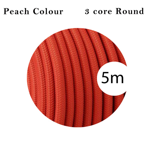 5m 3 core Round Vintage Braided Fabric Peach Coloured Cable Flex 0.75mm~4628