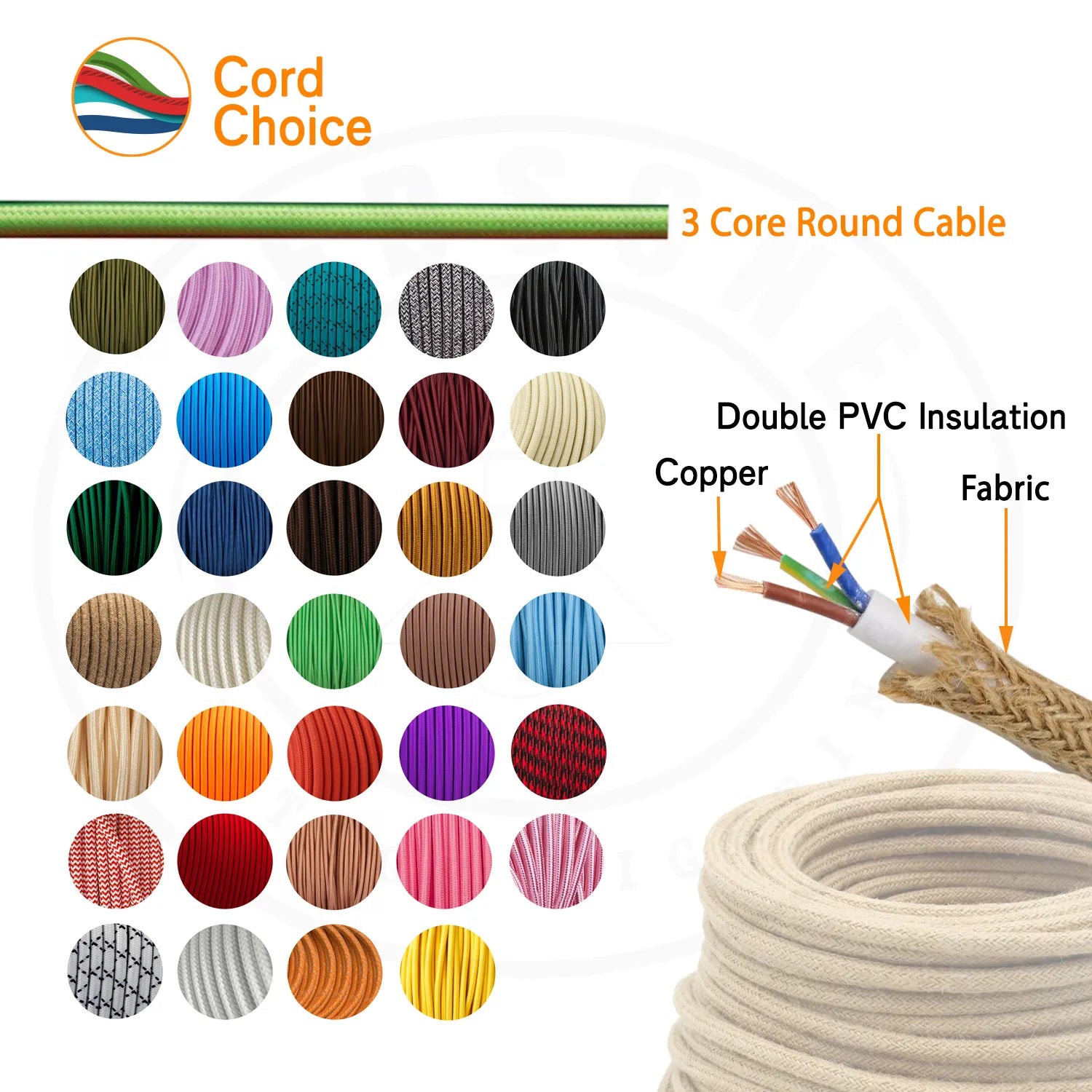 10m 3 Core Round Vintage Fabric Cable Italian Braided Flex 0.75mm Orange~4627