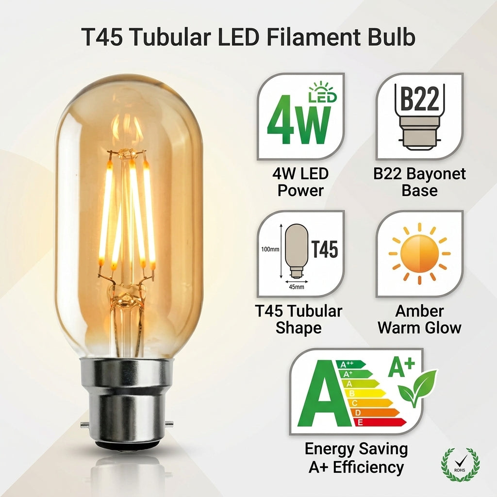 A T45 tubular LED filament bulb with a clear glass envelope and visible warm amber filaments, shown on a light beige background with feature callouts including 4W LED power, B22 bayonet base, T45 shape, amber warm glow, and energy saving A+ efficiency.