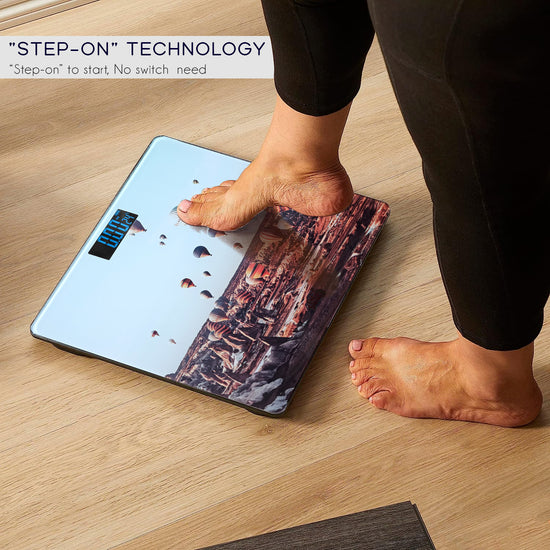 A close-up of a digital wood-finish bathroom scale display.