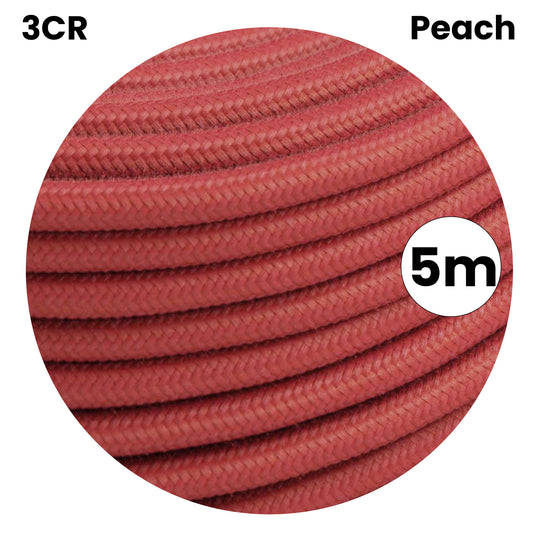 5m 3 core Round Vintage Braided Fabric Peach Coloured Cable Flex 0.75mm~4628