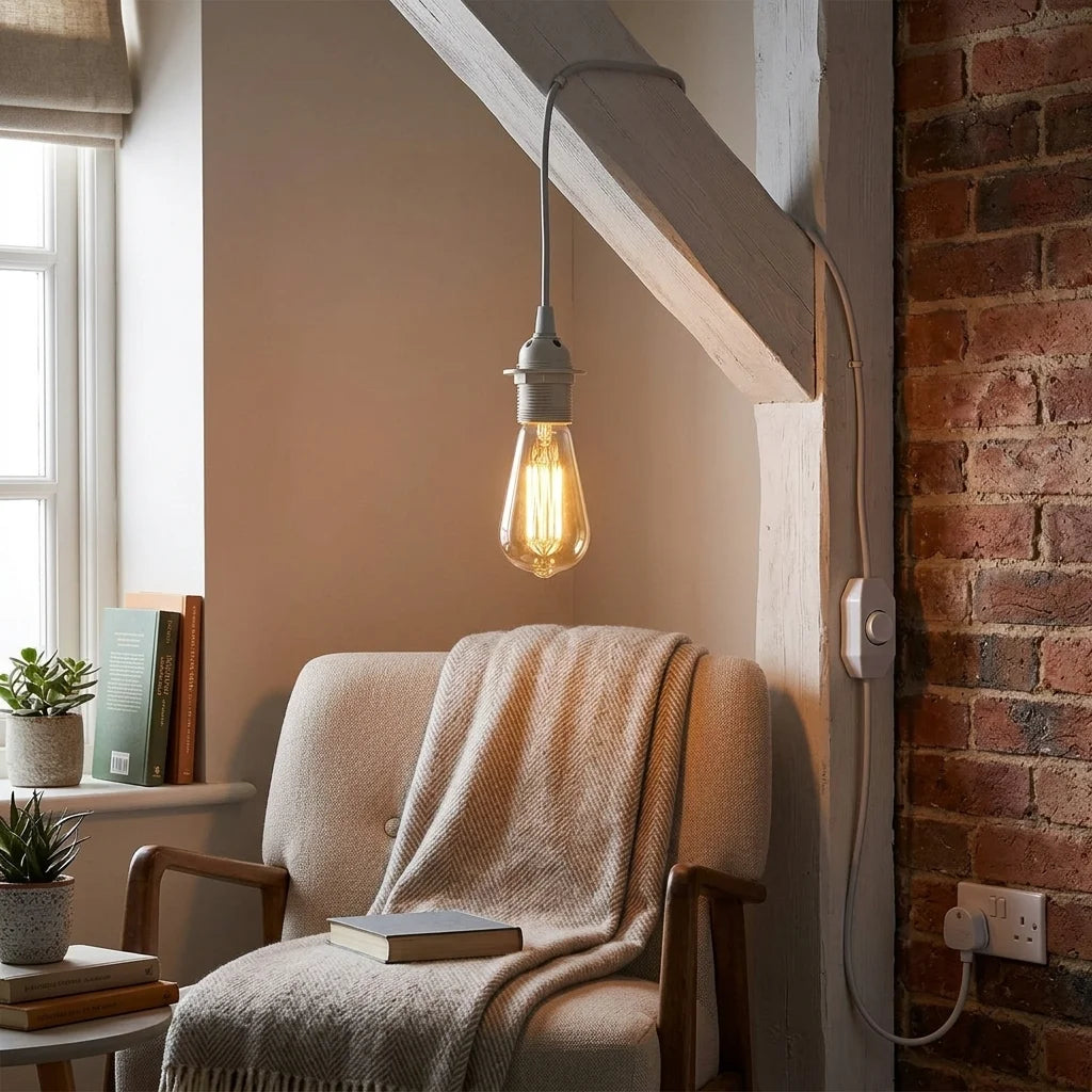 A warm Edison-style pendant light with a curved cord and metal socket hangs above a beige armchair in a cozy room with a brick wall, window, and throw blanket.