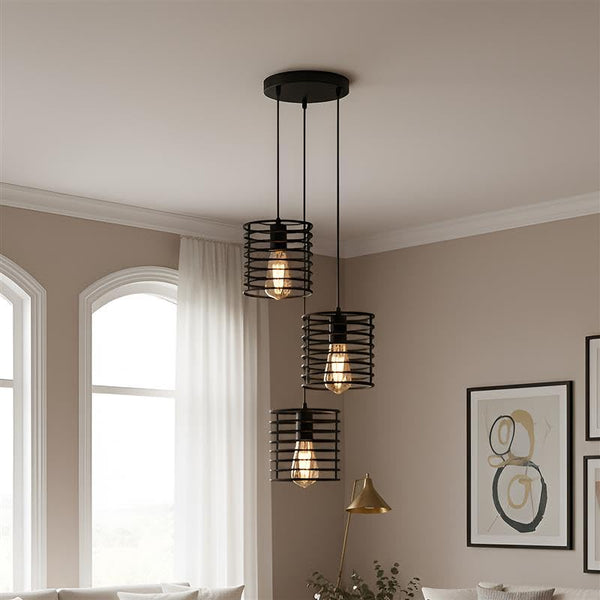 3 Lights Black Metal Cage Hanging Fixture with Adjustable 1m Cable ~6577