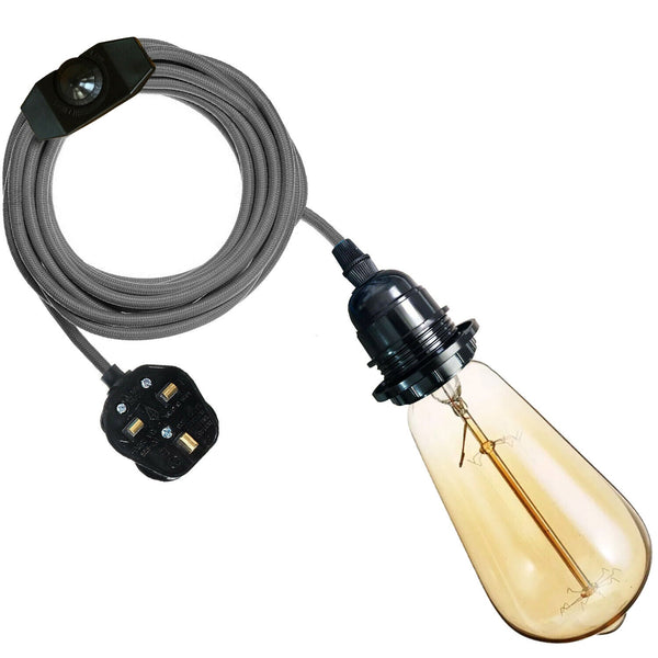 2M Plug-in Vintage E27 Dimmer Switch Stoffen Hanglamphouder met GRATIS LAMP~1267 – Grijs