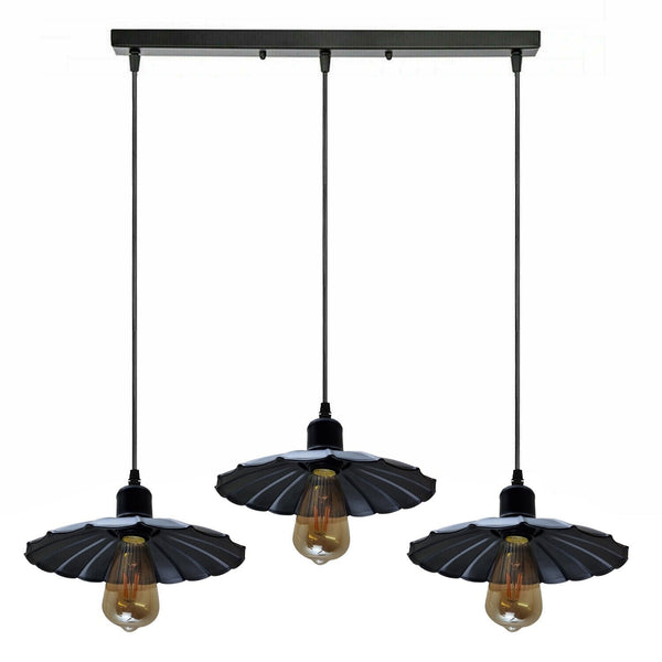 Vintage Industrial 3-Head Pendant Light | Black Metal Shades ~6435 – 3 Head Rectangle Base / Yes