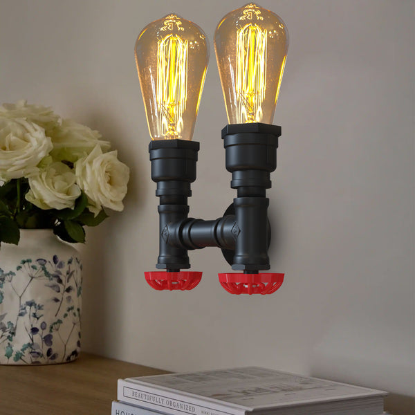 E27 Rustieke Twin Steampunk Metalen IJzeren Waterpijp Wandlamp ~5686 – Zwart / Yes