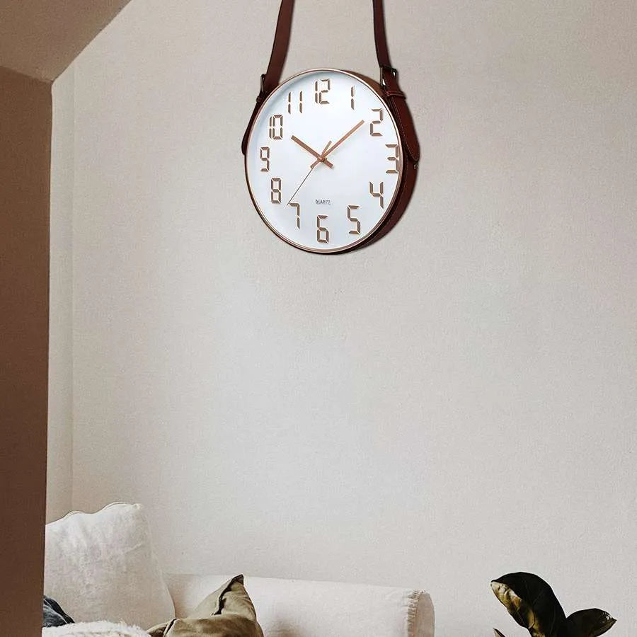 white display Mid-Century Modern Leather Belt Wall Clock