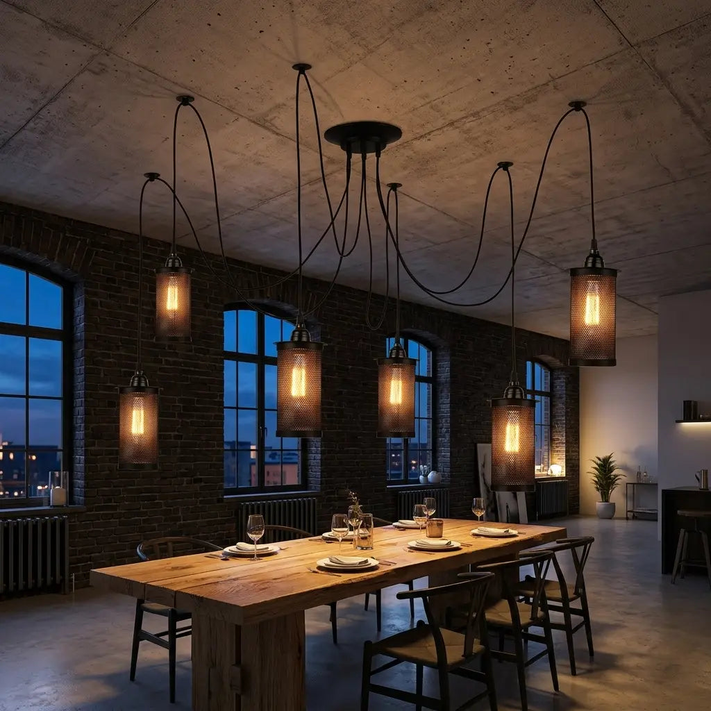 Modern dining room with wooden table, chairs, and hanging pendant lights.