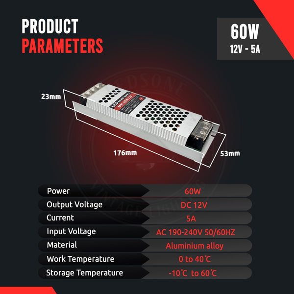 Slim Regulated LED Driver 12V 24V Aluminium Power Supply~4472 – 60w