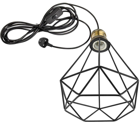 Plug In Pendant Light | Black Diamond Wire Cage | 4M Cord & Inline Switch ~6221