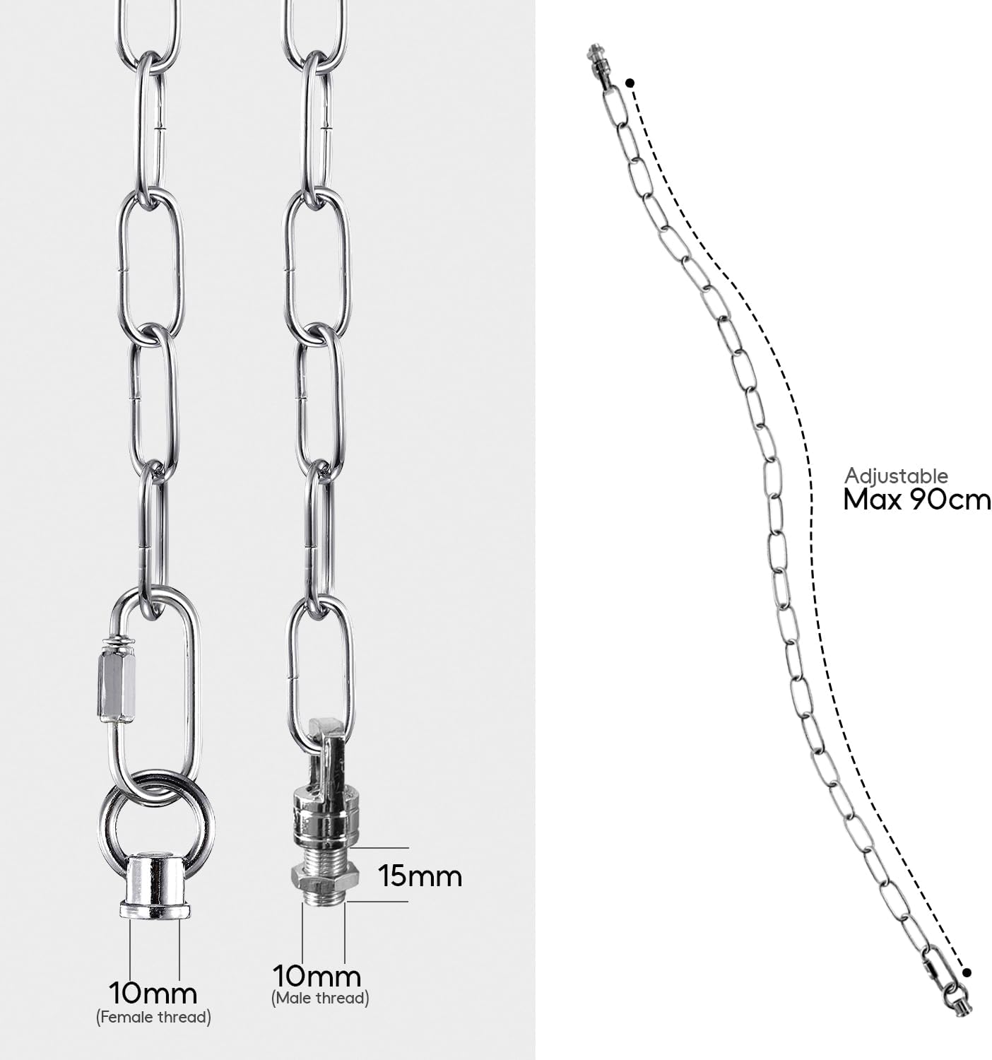 Chain necklace with adjustable length and detailed measurements on a white background
