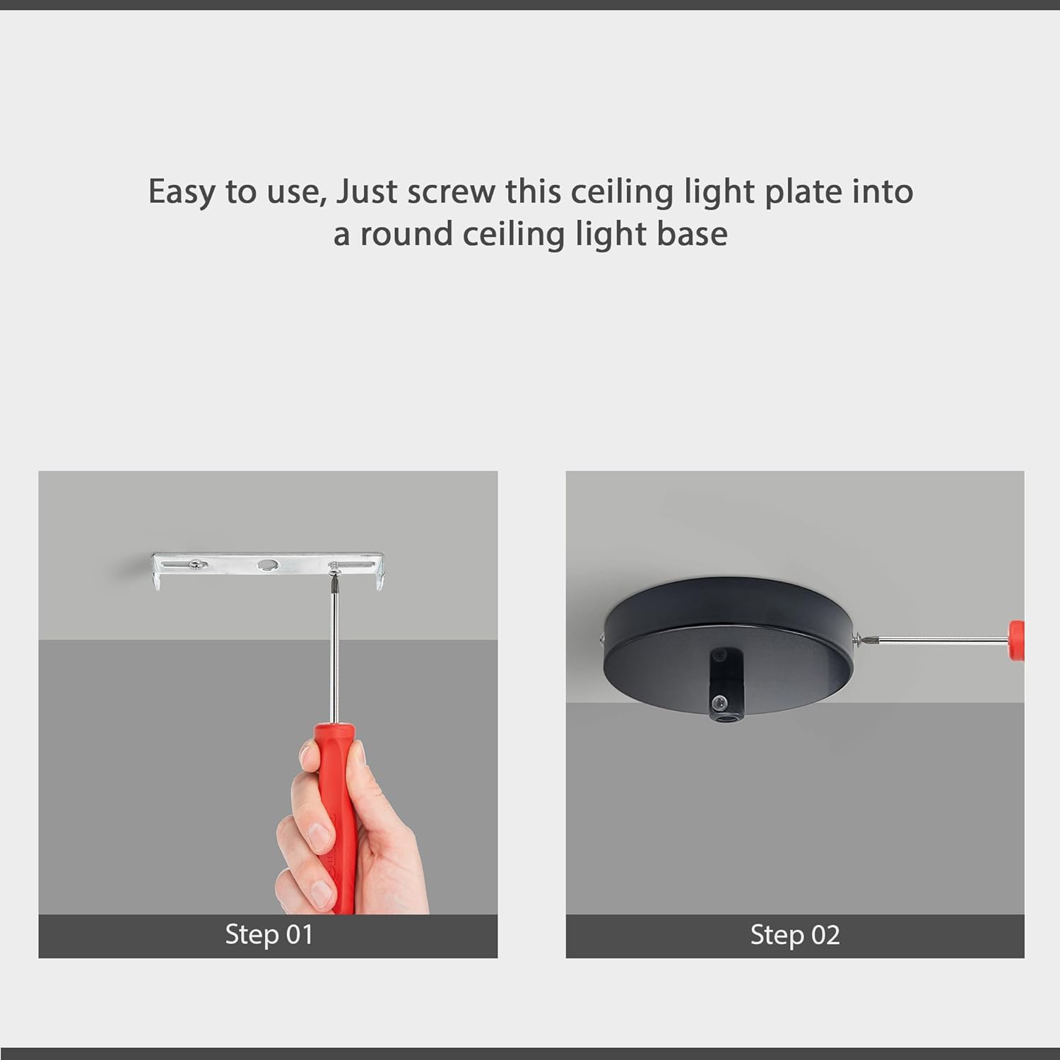 Instructions for screwing a ceiling light plate into a round ceiling light base.