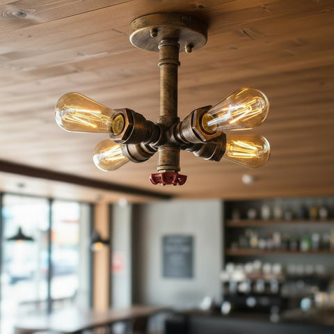 4-Light Steampunk Flush Mount Pipe Ceiling Light ~6542