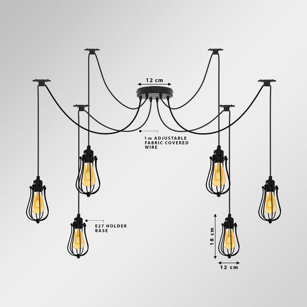 Black 2m Pendant Light Cage Retro Industrial Ceiling Light Spider Lamp~1187 – Six / No