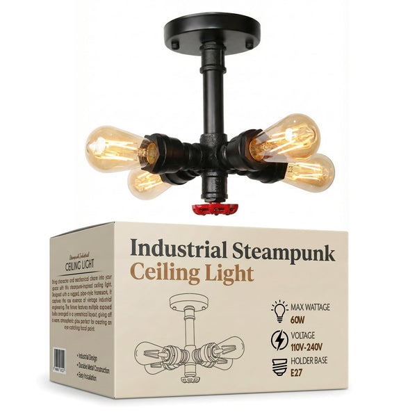 4-Light Steampunk Flush Mount Pipe Ceiling Light ~6542 – Black