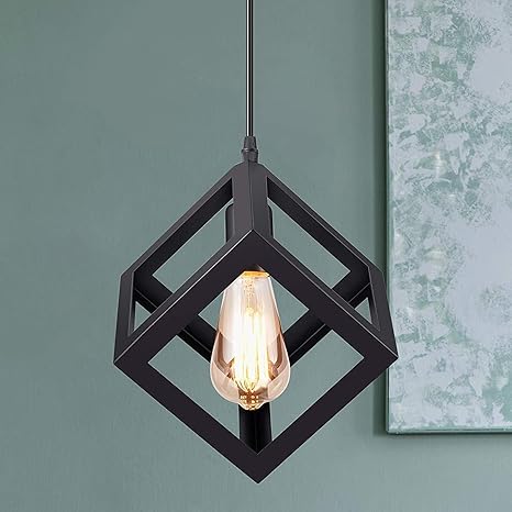 Modern Black Square Cage Pendant Light – Industrial Iron Metal Frame~1987