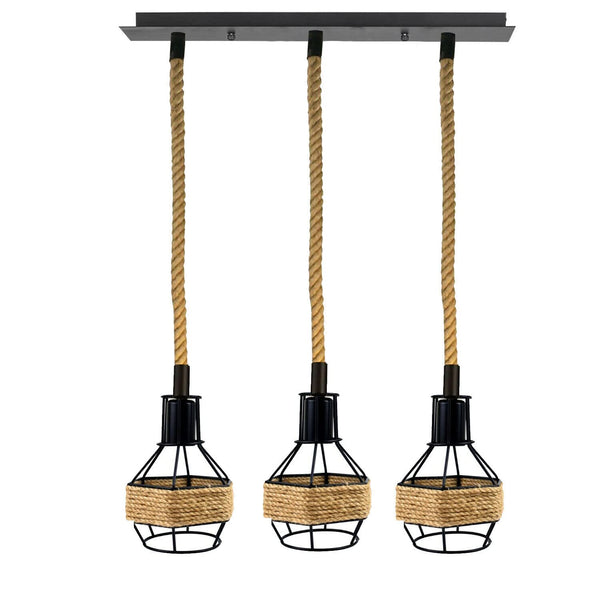 Industrial Hemp Rope Pendant Light - Black Cage  E27 Ceiling Chandelier | Adjustable Height ~6203 – Rectangle 3