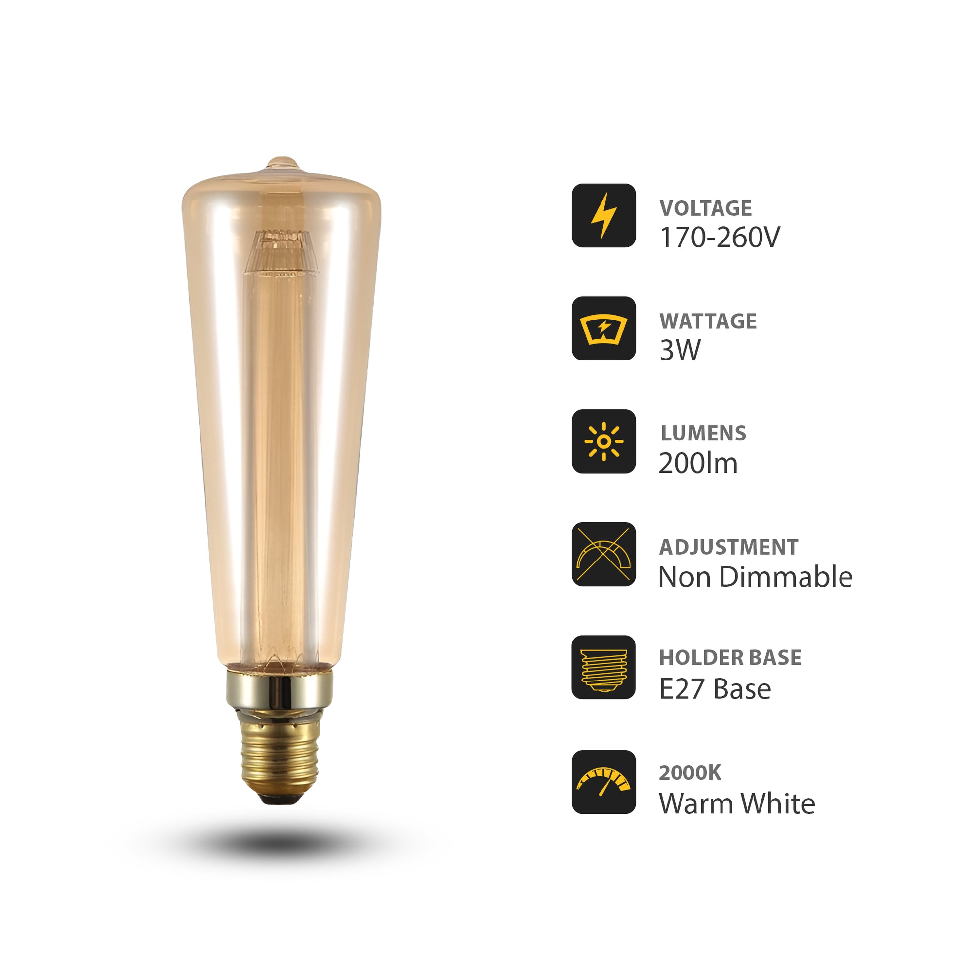 Vintage E27 Edison Screw 3W Filament Bulb Warm White 2000K Amber Glass-Details