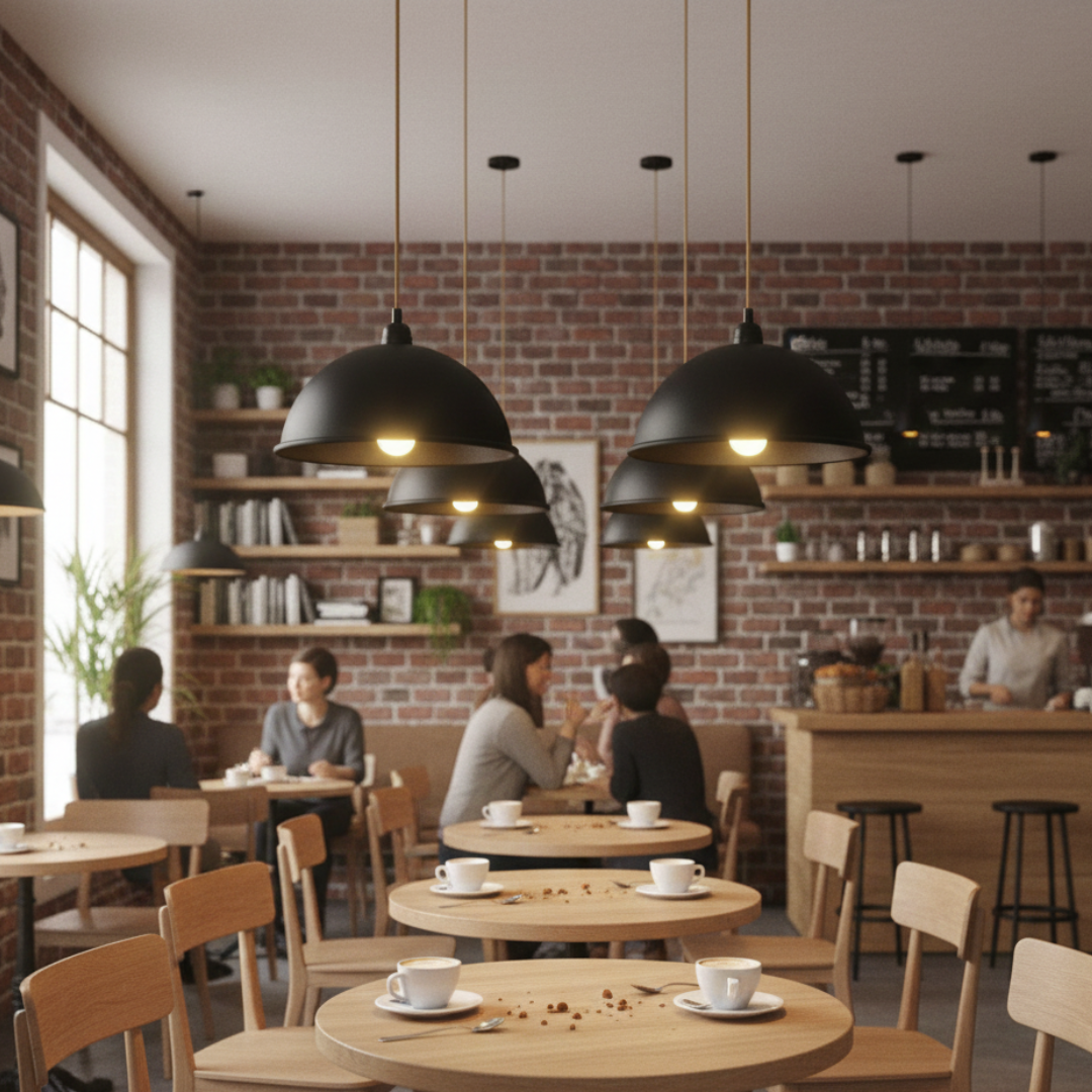 Modern cafe interior with customers at tables, brick wall, and pendant lights.