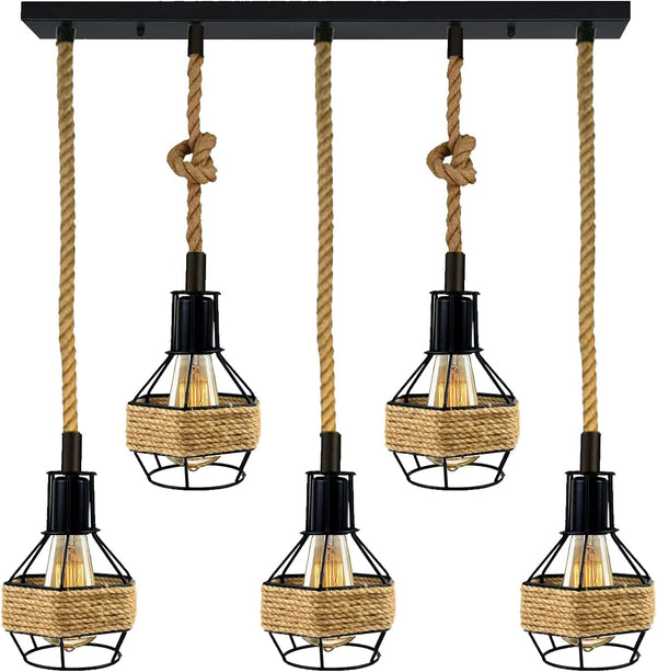 Industrial Hemp Rope Pendant Light - Black Cage  E27 Ceiling Chandelier | Adjustable Height ~6203 – Rectangle 5