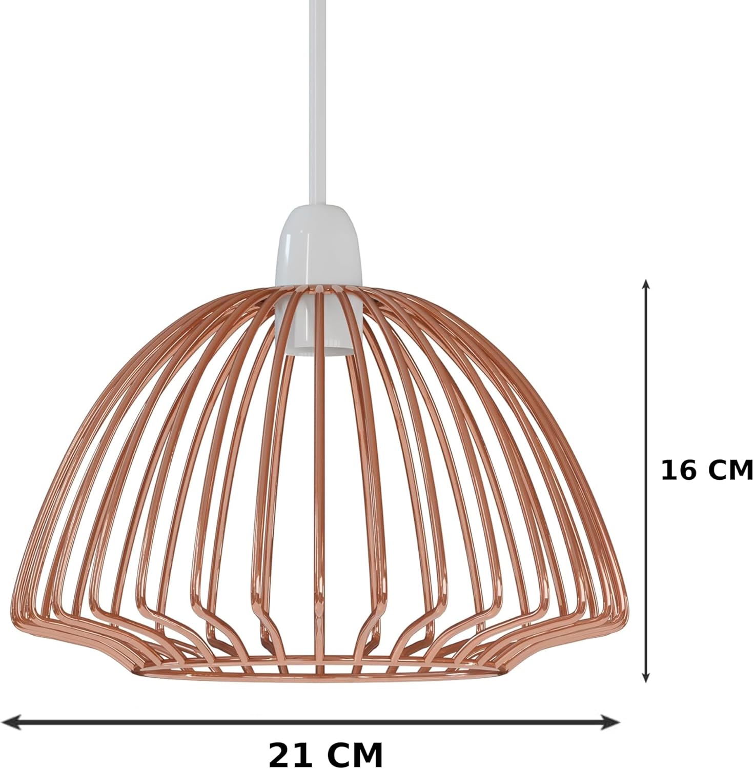 Copper pendant light with dimensions on a white background