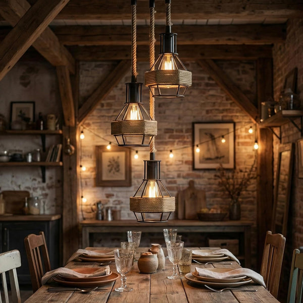 Industrial Hemp Rope Pendant Light - Black Cage  E27 Ceiling Chandelier | Adjustable Height ~6203 – Round 3 + Bulbs
