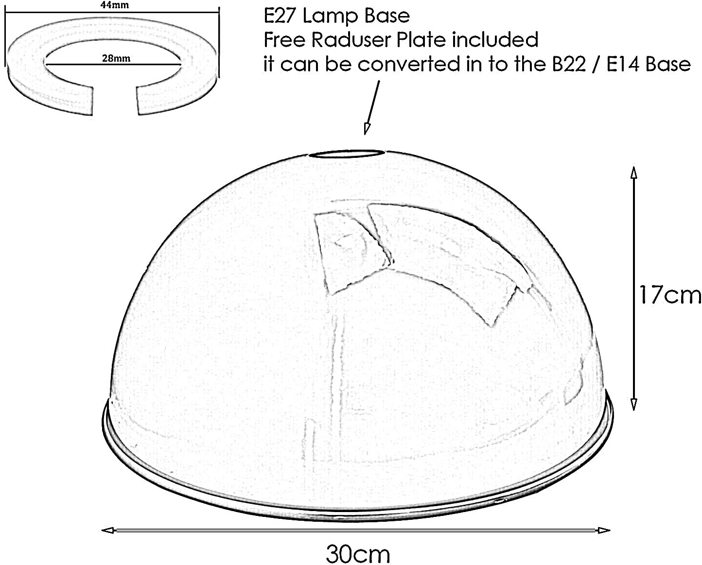 Technical drawing of a dome-shaped light fixture with dimensions and base information.