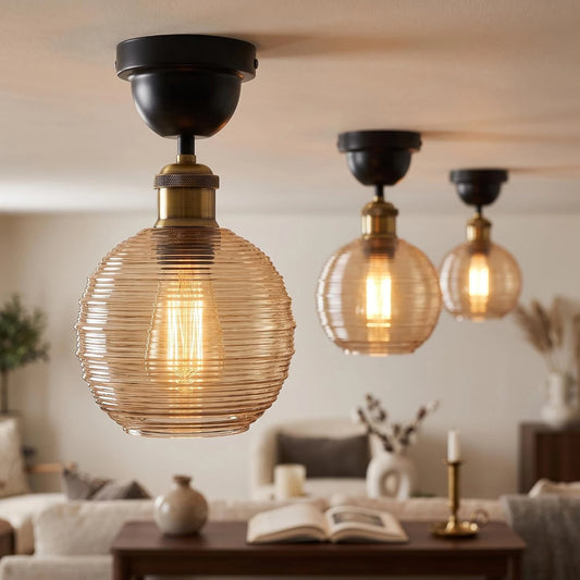 Globe Ribbed Ribbed Amber Glass Semi-Flush Ceiling Light ~6933