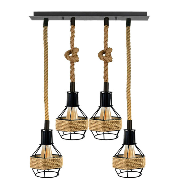 Industrial Hemp Rope Pendant Light - Black Cage  E27 Ceiling Chandelier | Adjustable Height ~6203 – Rectangle 4