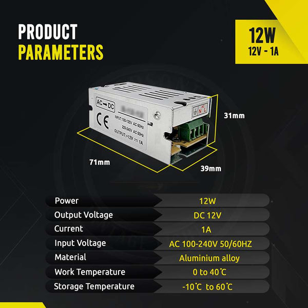 LED Transformer DC 12V Switching Power Supply Enclosed Metal Case ~1406 – 12W