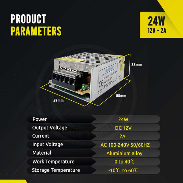LED Transformer DC 12V Switching Power Supply Enclosed Metal Case ~1406 – 24W