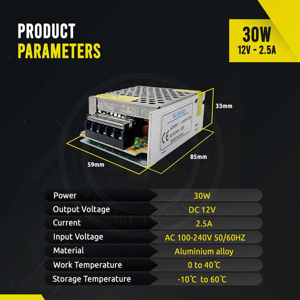 LED Transformer DC 12V Switching Power Supply Enclosed Metal Case ~1406 – 30W