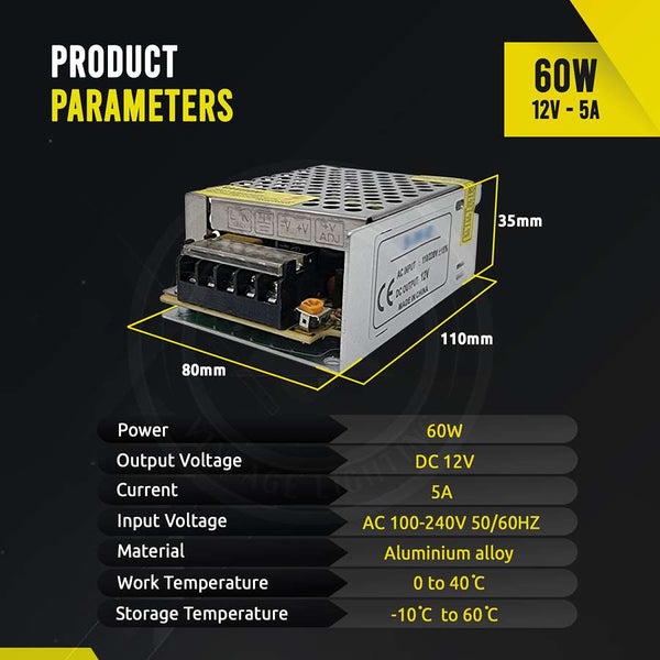 LED Transformer DC 12V Switching Power Supply Enclosed Metal Case ~1406 – 60W