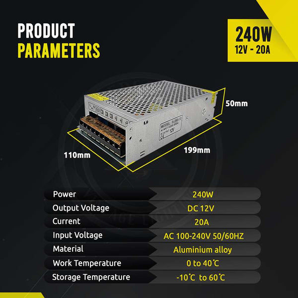 LED Transformer DC 12V Switching Power Supply Enclosed Metal Case ~1406 – 240W